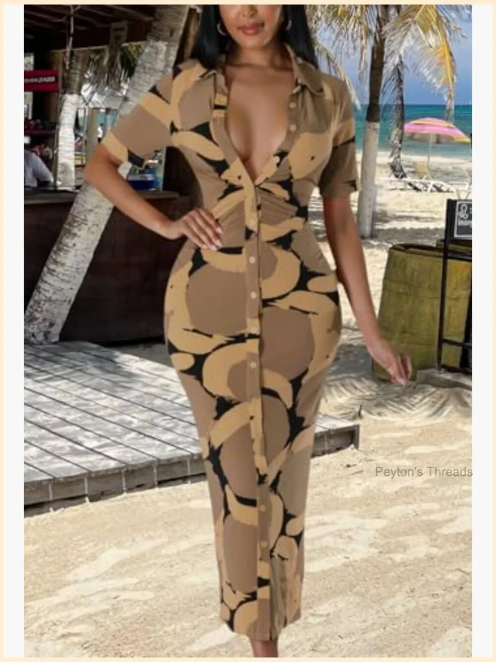 Button Down Shirt Dress Short Sleeve V Neck Bodycon Midi